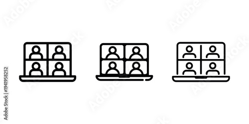 Set of three abstract video conference icons showing multiple people in grid layout on screens