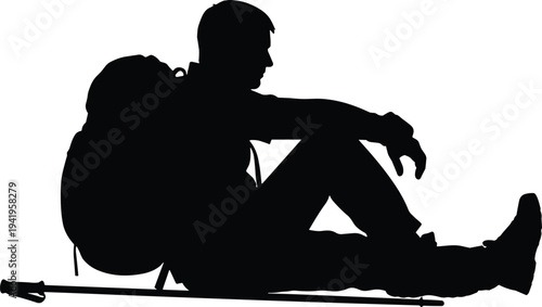 Tired hiker resting silhouette with backpack and trekking poles isolated on white background, adventure travel hiking concept illustration