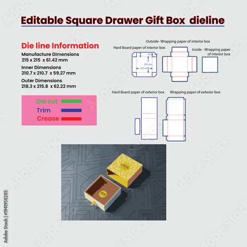 Editable Square Drawer Gift Box Dieline With Dimensions And Design Templates packaging