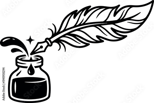 Black and white vector art quill feather pen dipping into ink bottle with ink splash and drop isolated on white background minimalistic design