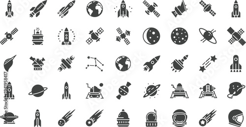 Space icons including rockets, satellites, planets, and spacecraft