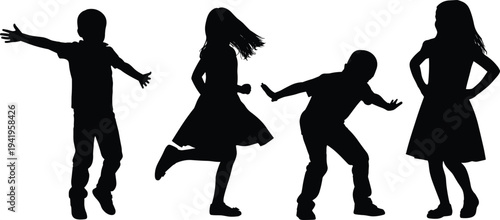 Black silhouette children dancing, playful kids poses isolated on white background, happy childhood movement jumping running fun activity concept illustration