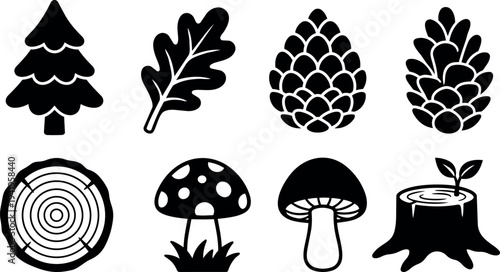 Black silhouette pine tree oak leaf pine cone mushroom tree stump with sprout flat design vector icons collection