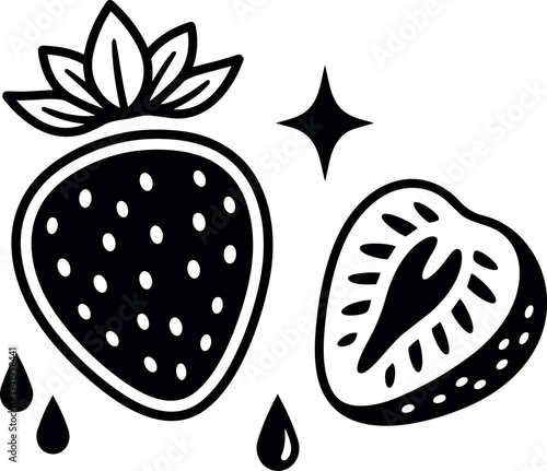 Minimalist black and white vector illustration of whole and sliced strawberry with leaves droplets and sparkle icon design