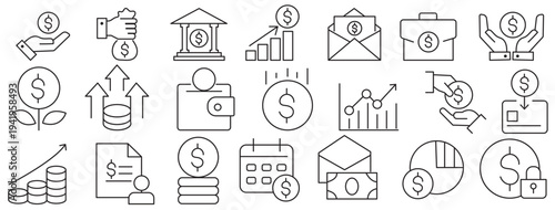 Money income thin line icon set. Containing profit, financial analysis data, finance graph, growth, investment, chart, fund, payment, revenue, statistic, earnings, management. Vector illustration
