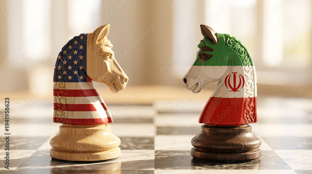 Obraz premium American And Iranian Flag Knight Chess Pieces Facing Off International Relations