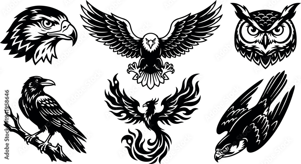 Fototapeta premium Black and white flat design vector set of eagle falcon raven owl phoenix bird tattoos with wings and detailed feathers