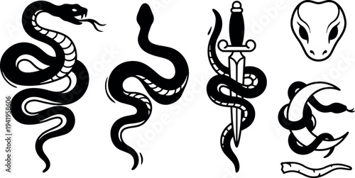 Black and white vector art set of coiled snakes with dagger entwined and snake head isolated in tattoo flash style