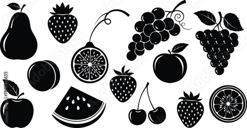 Black fruit silhouettes collection including apple, pear, grapes, strawberry, cherry, watermelon and citrus isolated botanical shapes for food design illustration