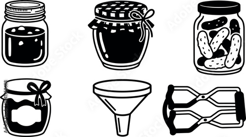 Black and white vector art of various glass jars with preserves funnel and jar opener in simple minimalist style