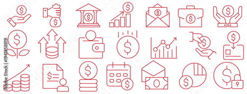 Money income thin line icon set. Containing profit, financial analysis data, finance graph, growth, investment, chart, fund, payment, revenue, statistic, earnings, management. Vector illustration