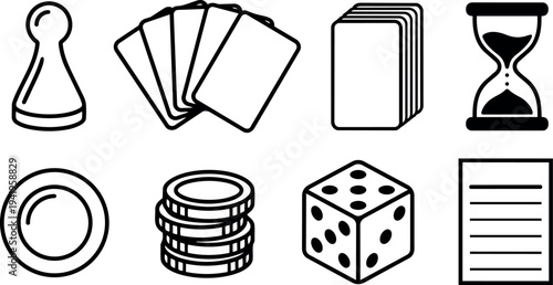 Minimalist black and white vector icons of board game pieces including pawn dice cards hourglass tokens and score sheet illustration