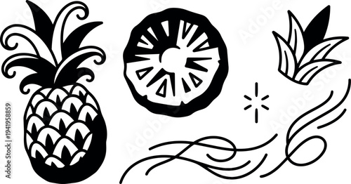 Black and white line art vector set of pineapple fruit whole slice and tropical leaf elements with decorative accents