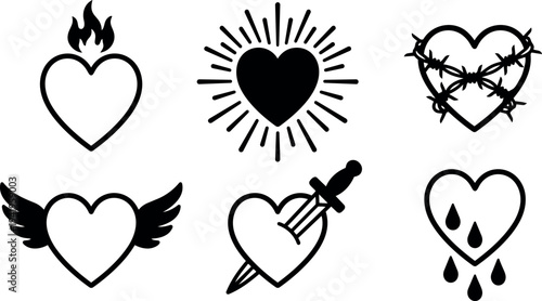 Black silhouette sacred heart icons with flames rays barbed wire wings dagger and tears vector art set
