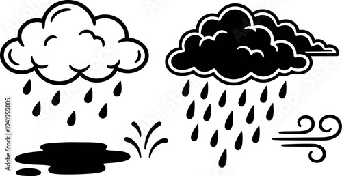 Black and white vector rain clouds with raindrops splashing puddle and gust of wind blowing weather icons set