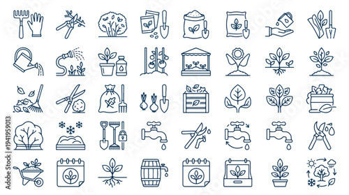 Minimalist line art icons set of gardening tools plants flowers and home decor elements vector illustration