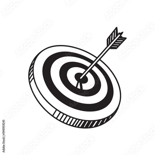 A 3d bullseye icon of a red dart hitting the center of a target board represents business success and marketing accuracy in achieving a winning goal