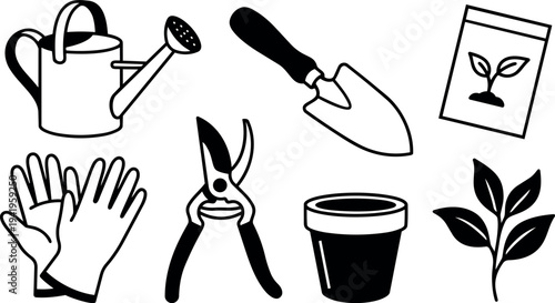 Black and white minimalist gardening tools vector set including gloves pruning shears trowel watering can flower pot seed packet and plant sprout illustration