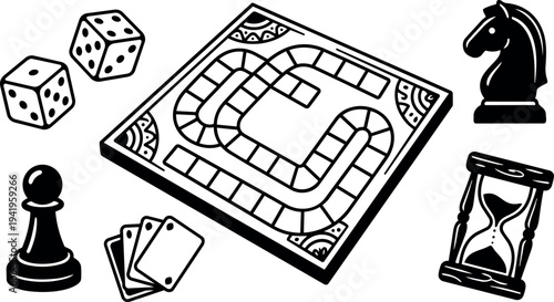 Black and white flat design board game pieces dice hourglass chess pawn and cards set top view vector art