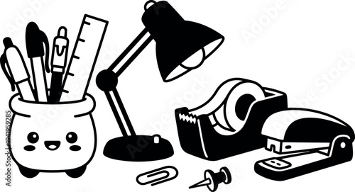 Cute kawaii style smiling pencil holder with pens ruler and desktop lamp stapler tape dispenser and push pin office supplies vector art