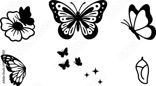 Black and white vector art collection of butterflies in various poses with flower and chrysalis icons in simple monochrome style