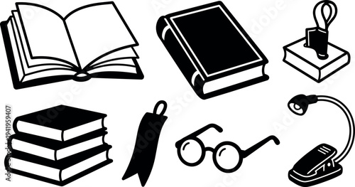Black and white vector icons of open book closed book stack of books bookmark glasses and desk lamp with clip