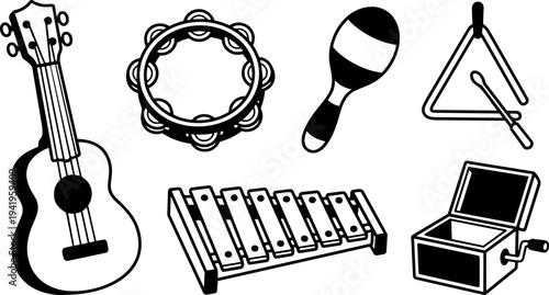 Black and white vector set of musical instruments including guitar tambourine maraca triangle xylophone and music box with crank handle
