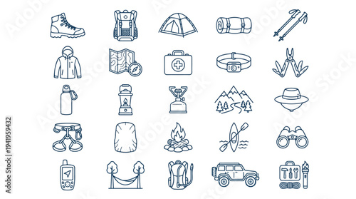 Minimalist line art icons set of travel camping sports and outdoor activities vector illustration isolated