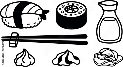 Black and white vector art of sushi nigiri roll soy sauce bottle chopsticks with wasabi ginger and dipping sauce simple line art style
