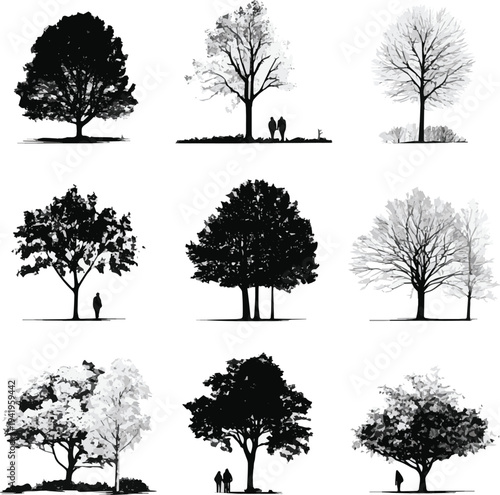  Create a different kinds of silhouette tree set art with white background