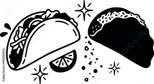 Minimalist black and white vector art of two tacos with lemon slice and seasoning accents simple food illustration for menu design