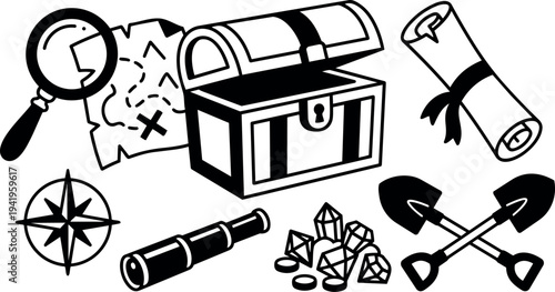 Black and white vector art of treasure chest with map compass shovel gems telescope and scroll icons in flat design style