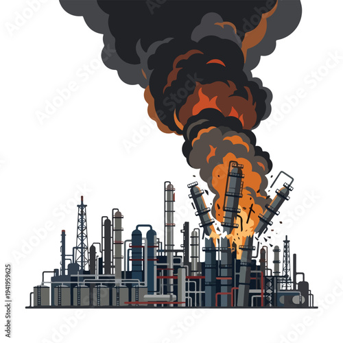 vector flat oil refinery complex explodes and burns 009