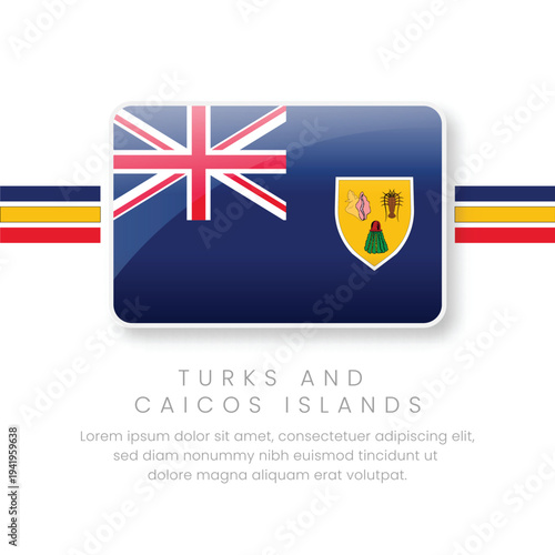 Vibrant 3D glossy button of the Turks and Caicos Islands flag. High-quality vector featuring the Union Jack and coat of arms with conch shell and lobster. Ideal for Caribbean travel designs.