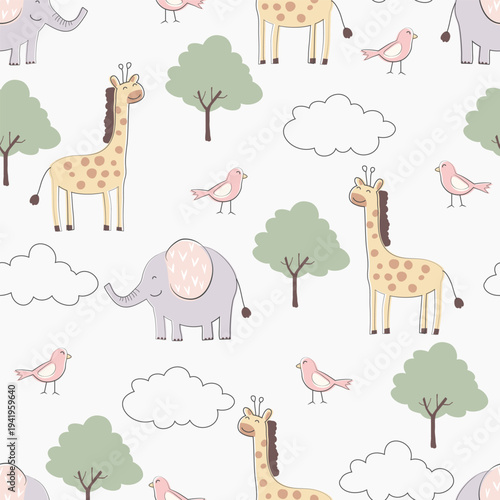 Whimsical Seamless Nursery Pattern with Cute Hand Drawn Elephant, Giraffe, Birds, and Trees. Adorable Safari Theme for Baby Textiles, Kids Fashion, Wallpaper, and Gift Wrapping. Vector Art.