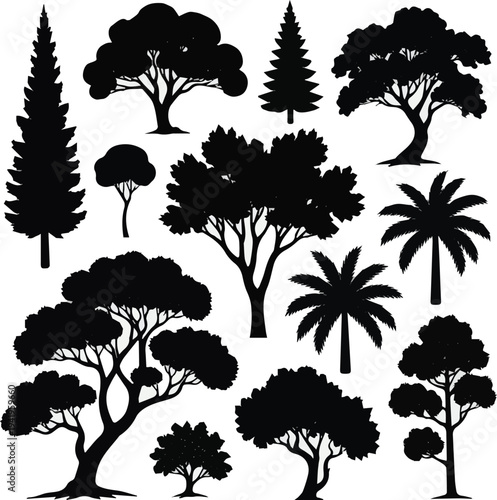 Collection of trees. Create a different kinds of silhouette tree set art with white background