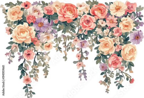 Vintage Pink Rose Floral Border With Hanging Blooms And Greenery On Black Background