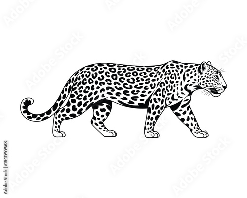 A striking jaguar walking forward detailed black and white silhouette