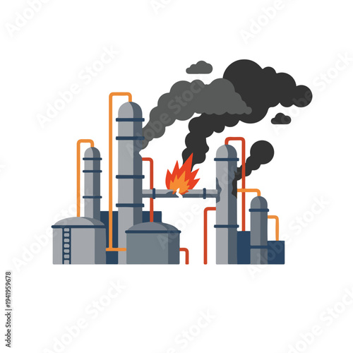 vector flat oil refinery complex explodes and burns 0010