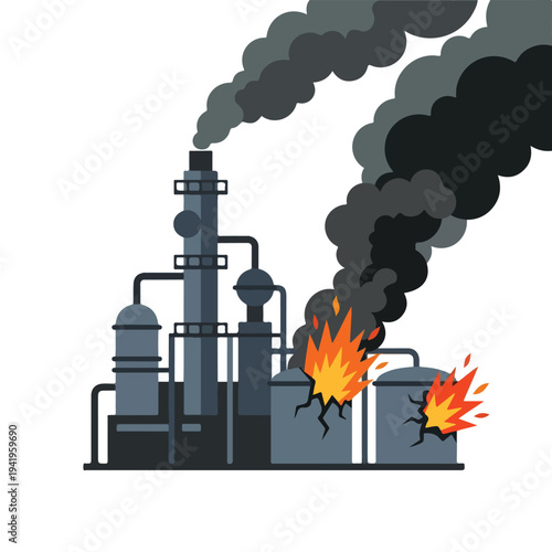 vector flat oil refinery complex explodes and burns 008