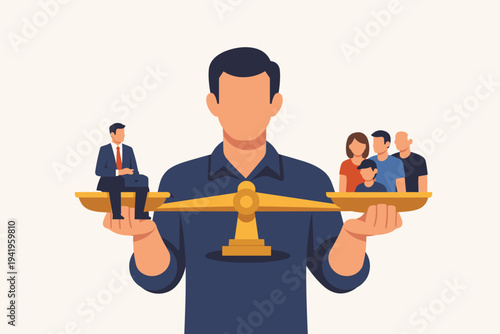 Man Holding Scales Balancing a Single Businessman Against a Group of People Representing Social Justice, Corporate Responsibility, Equality, Fairness, and the Weight of Public Interest in Society