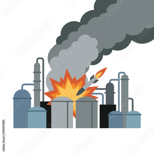vector flat oil refinery complex explodes and burns 006