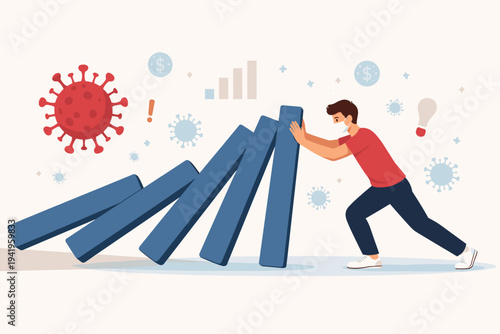 Vector illustration of a man in a face mask stopping a domino effect caused by the coronavirus pandemic, symbolizing economic crisis management, financial stability, and business resilience.