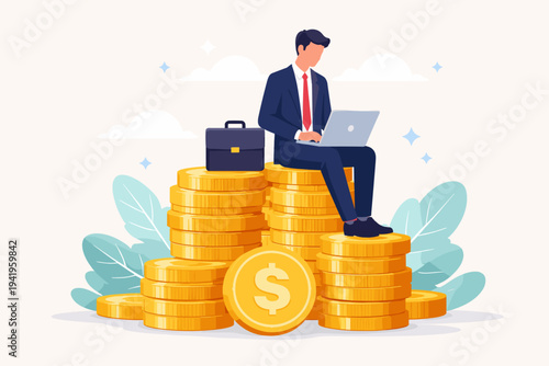 Businessman in a suit sitting on a large pile of gold dollar coins working on a laptop computer. Concept of financial success, wealth management, online business, and passive income investment.