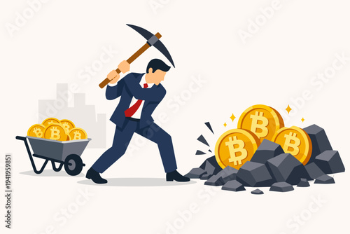 Flat vector illustration of a professional businessman in a suit using a pickaxe to mine Bitcoin cryptocurrency from a pile of rocks, with a wheelbarrow full of gold coins, representing digital