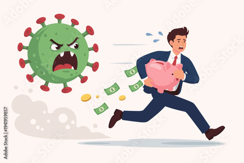 Businessman in suit running away from giant angry coronavirus cell while carrying a pink piggy bank losing money and savings, concept of global financial crisis and economic recession during pandemic.