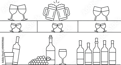 Wine and beer glasses bottles and grapes illustration on white background