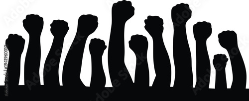 Black silhouettes of multiple raised fists in a row on white background