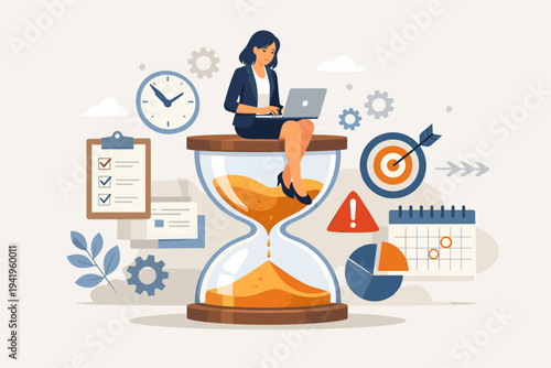 Businesswoman Working on Laptop Sitting on Large Hourglass for Time Management, Project Deadline, Productivity, and Work Efficiency Concept with Clock, Calendar, Checklist, and Target Icons