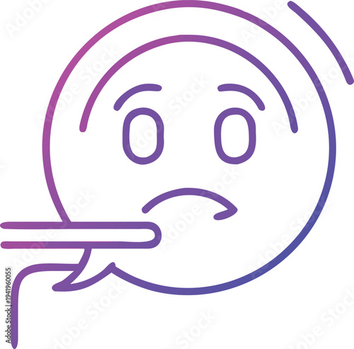 A purple line drawing of a worried face in a speech bubble with a questioning expression